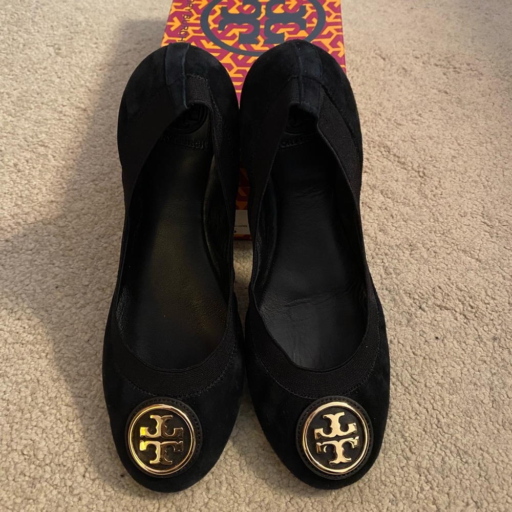 Barely worn, black suede Tory Burch flats, size 9